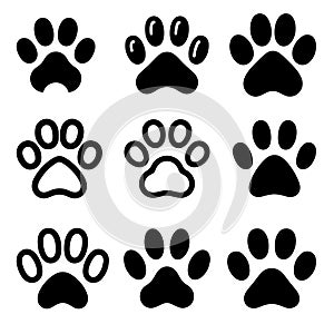 Cat and dog paw vector illustration icons set. paw print sign and symbol.