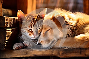 Cat and Dog Peacefully Dozing, Radiating Companionship and Serenity