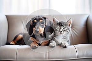 A cat and a dog peacefully sitting side by side on a comfortable couch, Dachshund puppy and tabby kitten captured on a white sofa