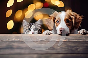 A cat and a dog peeking out from behind a wooden board. Cute puppy and kitten with a defocused background, cozy