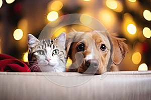 A cat and a dog peeking out from behind a wooden board. Cute puppy and kitten with a defocused background, cozy