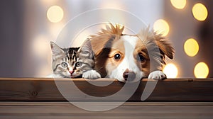 A cat and a dog peeking out from behind a wooden board. Cute puppy and kitten with a defocused background, cozy