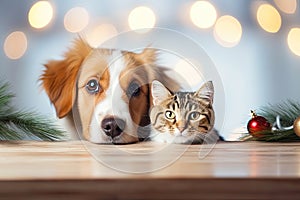 A cat and a dog peeking out from behind a wooden board. Cute puppy and kitten with a defocused Christmas background