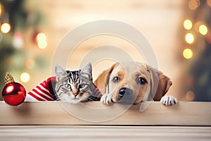 A cat and a dog peeking out from behind a wooden board. Cute puppy and kitten with a defocused Christmas background