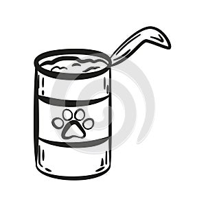 Cat or Dog pet food canned isolated in doodle style. Open conserve tin on white background. Vector illustration