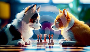 Cat and dog playing chess on checkered table with pieces of chess in front of them. Generative AI