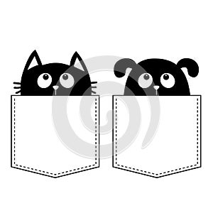 Cat Dog in the pocket. Cute cartoon animals. Kitten kitty Puppy pooch contour character. Dash line. Pet animal collection. White a