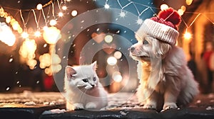 Cat and dog,puppy and kitty in red Santa claus hat near Green Christmas tree decorated on city street holiday festive background