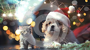 Cat and dog,puppy and kitty in red Santa claus hat near Green Christmas tree decorated on city street holiday festive background