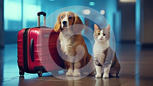 A cat and a dog are seated by luggage in the airport waiting area. Creative concept Air transport of pets