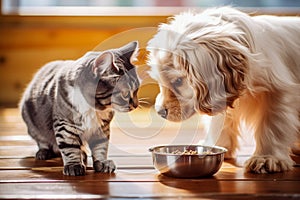 A cat and a dog are seen eating food from a metal bowl