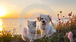 cat and dog sit on beach , puppy sit play on sunset in sea water on beach wild fieldandspaniel