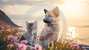 cat and dog sit on field beach at sea , puppy sit play on sunset in sea water on beach wild fieldandspaniel