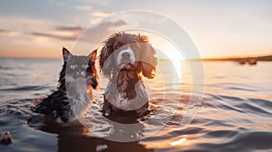 cat and dog sit in sea , puppy sit play on sunset in sea water on beach wild fieldand