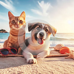 Cat and dog sit together on a beach at sunset, surrounded by seashells and sunglasses, depicting friendship and