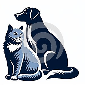 Cat and dog sitting together. Logo, icon, poster, postcard, greeting card, background, sticker, label, banner.