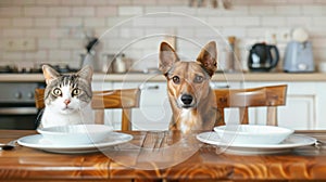 A cat and a dog are sitting together at the table waiting for food