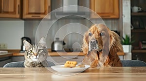 A cat and a dog are sitting together at the table waiting for food