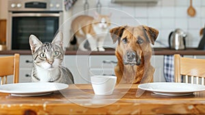 A cat and a dog are sitting together at the table waiting for food