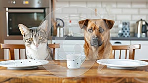 A cat and a dog are sitting together at the table waiting for food