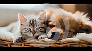 A cat and a dog sleeping in a basket ai, ai generative, illustration