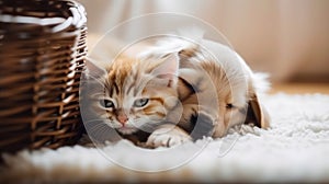 A cat and a dog sleeping in a basket ai, ai generative, illustration