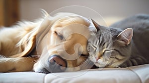 Cat and dog sleeping together. Kitten and golden retriever taking nap. Home pets. Animal care. Love and friendship