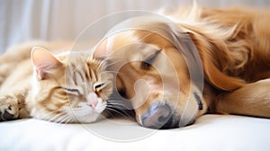 Cat and dog sleeping together. Kitten and golden retriever taking nap. Home pets. Animal care. Love and friendship