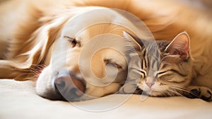 Cat and dog sleeping together. Kitten and golden retriever taking nap. Home pets. Animal care. Love and friendship