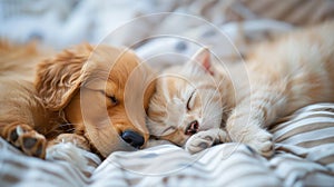 Cat and dog sleeping together. Kitten and puppy. AI Generative