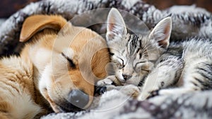 Cat and dog sleeping together. Kitten and puppy taking nap. Home pets. Animal care. AI Generative