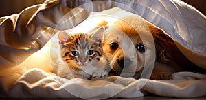 Cat and dog sleeping together. Kitten and puppy taking nap. Home pets. Animal care. Love and friendship