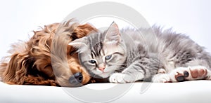 Cat and dog sleeping together. Kitten and puppy taking nap. Home pets. Animal care. Love and friendship