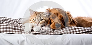 Cat and dog sleeping together. Kitten and puppy taking nap. Home pets. Animal care. Love and friendship