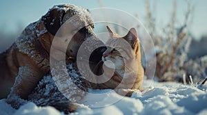 A cat and dog snuggling in the snow together, AI