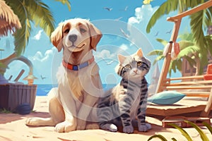 Cat and Dog Summer Holiday. Generative AI