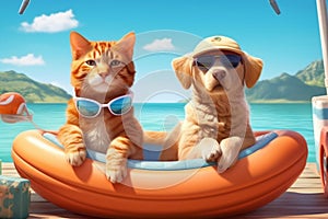 Cat and Dog Summer Holiday. Generative AI