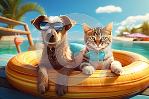 Cat and Dog Summer Holiday. Generative AI