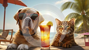 Cat and the dog in sunglasses sunbathing they drink cocktails on the beach. Generative AI technology