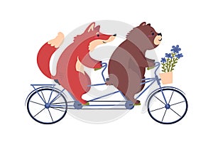 Cat and dog on a tandem bike. Cute cartoon characters.