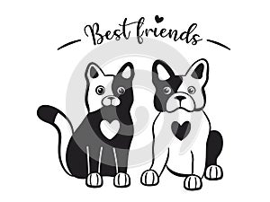 Cat and dog together are best friends. Friendship of two cute cartoon pet characters. Pair of contour french bulldog and