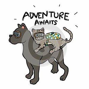 Cat and dog traveller, adventure awaits cartoon illustration