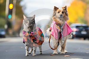cat and dog walking down runway together in elaborate fashions