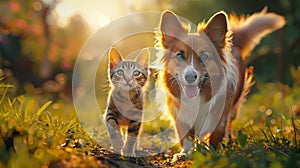 A cat and a dog are walking on a green sunny meadow. AI Generative