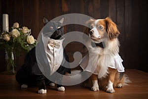 a cat and dog wearing evening gowns and tuxedos