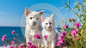 cat and dog ,white kitten and puppy sit play on sunset in sea water on beach