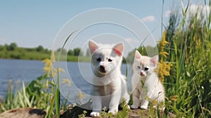 cat and dog ,white kitten and puppy sit play on sunset in sea water on beach