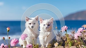 cat and dog ,white kitten and puppy sit play on sunset in sea water on beach