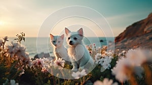 cat and dog ,white kitten and puppy sit play on sunset in sea water on beach