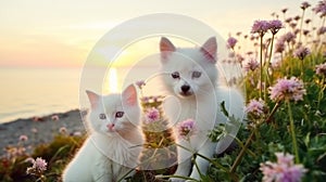 cat and dog ,white kitten and puppy sit play on sunset in sea water on beach wild field